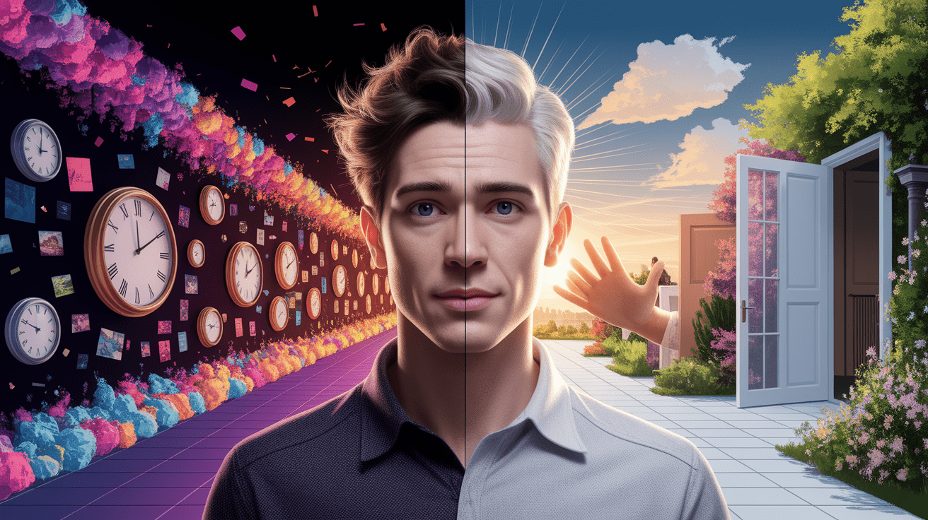 A conceptual illustration representing How Future Self-Continuity Shapes Decisions. Visualize the main ideas: . Creative but clear representation of the concept. Style: photorealistic. high quality, detailed, professional, clean composition, good lighting, sharp focus, well-composed. high quality, professional, detailed, well-composed