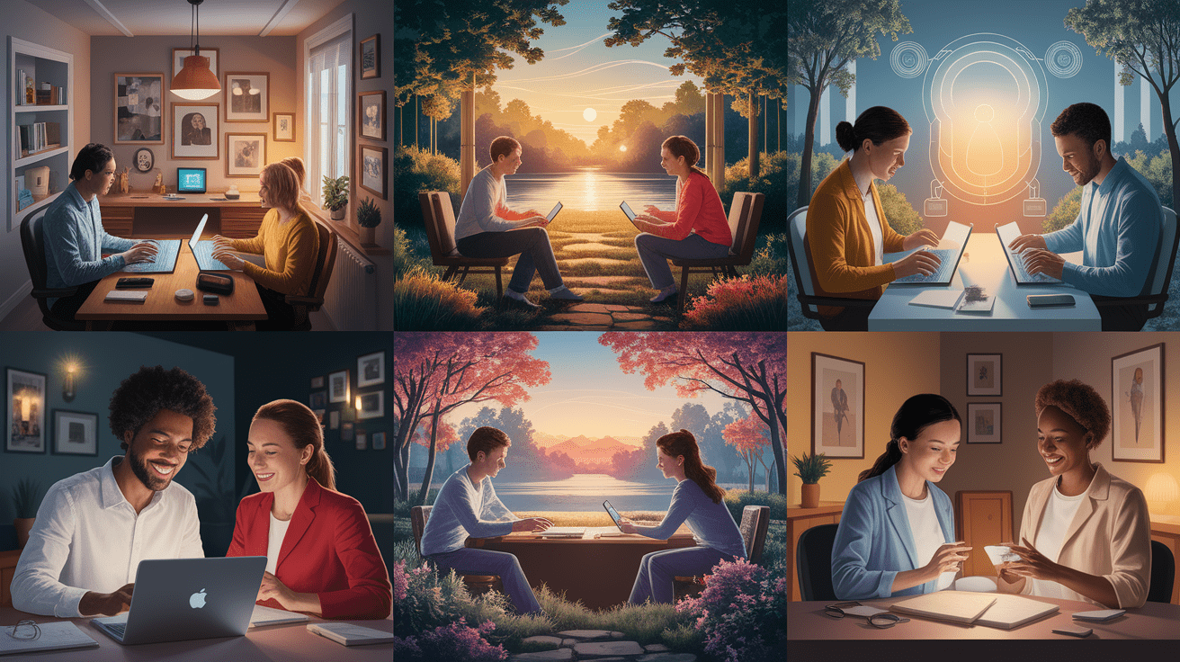 A conceptual illustration representing Benefits of Digital Mental Health Interventions. Visualize the main ideas: . Creative but clear representation of the concept. Style: photorealistic. high quality, detailed, professional, clean composition, good lighting, sharp focus, well-composed. high quality, professional, detailed, well-composed