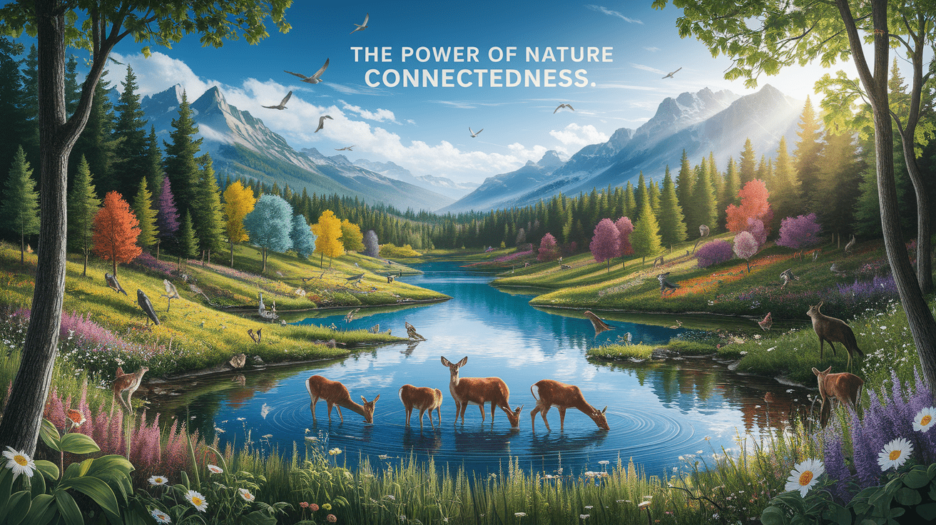 A conceptual illustration representing The Power of Nature Connectedness. Visualize the main ideas: . Creative but clear representation of the concept. Style: photorealistic. high quality, detailed, professional, clean composition, good lighting, sharp focus, well-composed. high quality, professional, detailed, well-composed