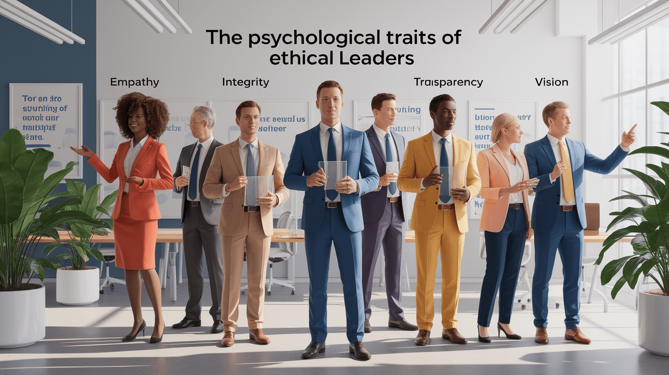 A conceptual illustration representing The Psychological Traits of Ethical Leaders. Visualize the main ideas: . Creative but clear representation of the concept. Style: photorealistic. high quality, detailed, professional, clean composition, good lighting, sharp focus, well-composed. high quality, professional, detailed, well-composed