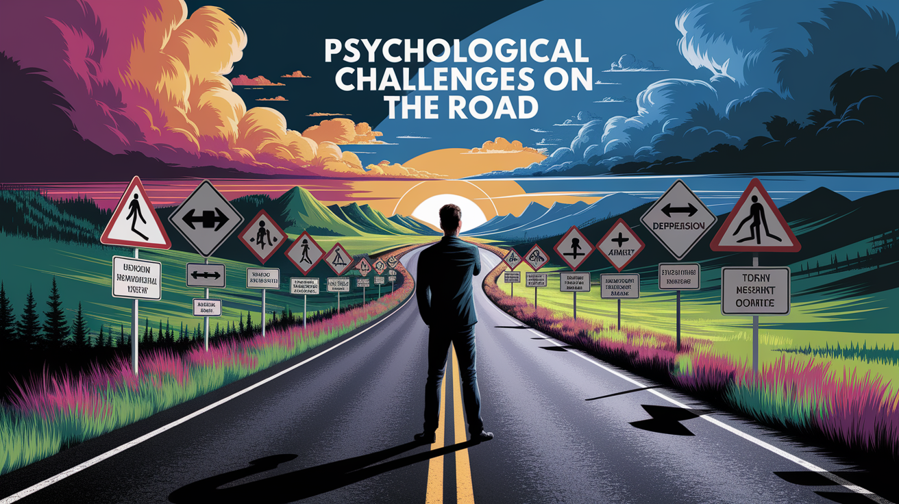 A conceptual illustration representing Psychological Challenges on the Road. Visualize the main ideas: . Creative but clear representation of the concept. Style: photorealistic. high quality, detailed, professional, clean composition, good lighting, sharp focus, well-composed. high quality, professional, detailed, well-composed