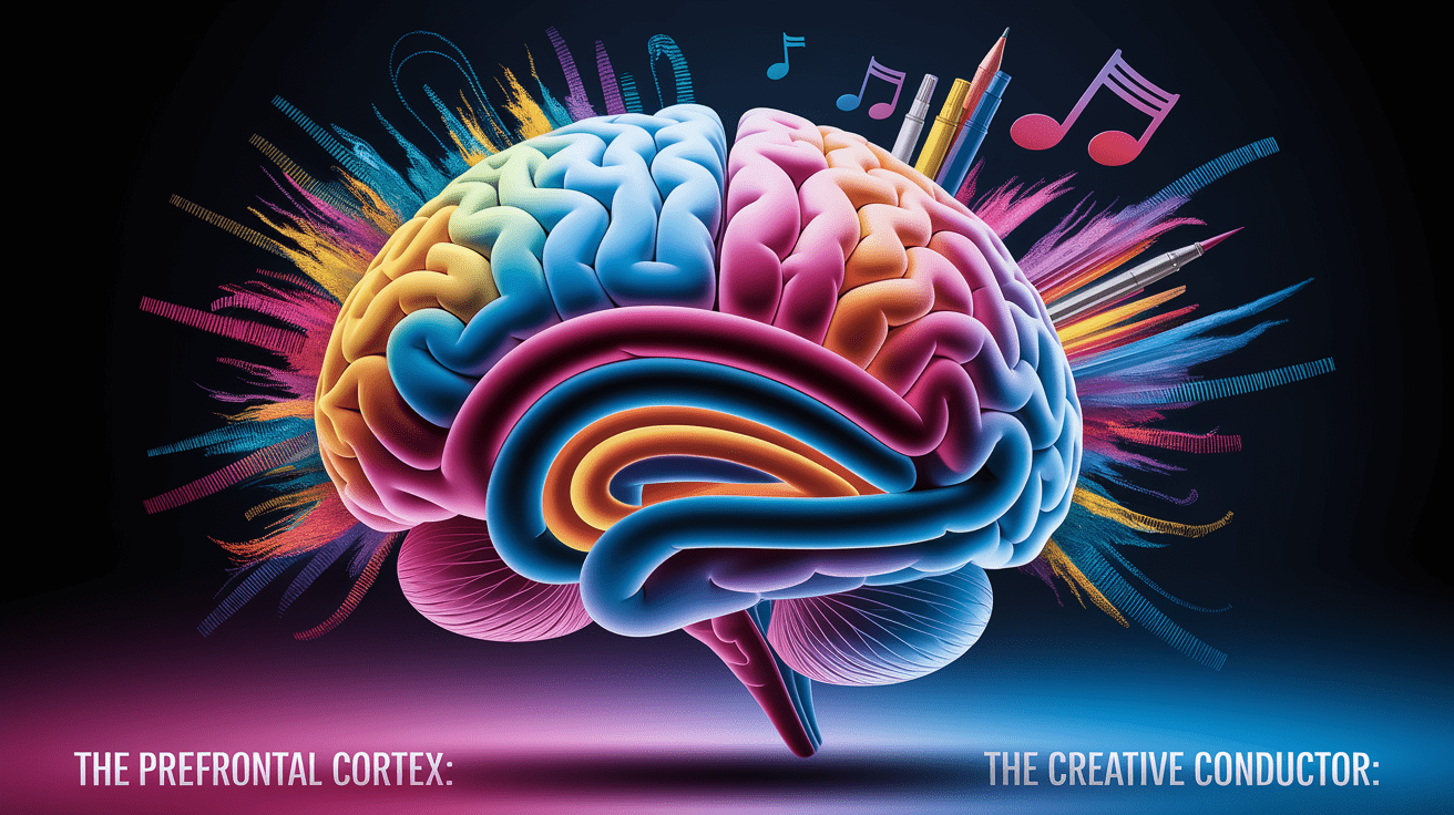 A conceptual illustration representing The Prefrontal Cortex: The Creative Conductor. Visualize the main ideas: . Creative but clear representation of the concept. Style: photorealistic. high quality, detailed, professional, clean composition, good lighting, sharp focus, well-composed. high quality, professional, detailed, well-composed