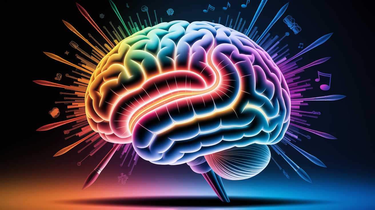 A conceptual illustration representing Neurotransmitters: The Chemical Pathways to Creativity. Visualize the main ideas: . Creative but clear representation of the concept. Style: photorealistic. high quality, detailed, professional, clean composition, good lighting, sharp focus, well-composed. high quality, professional, detailed, well-composed
