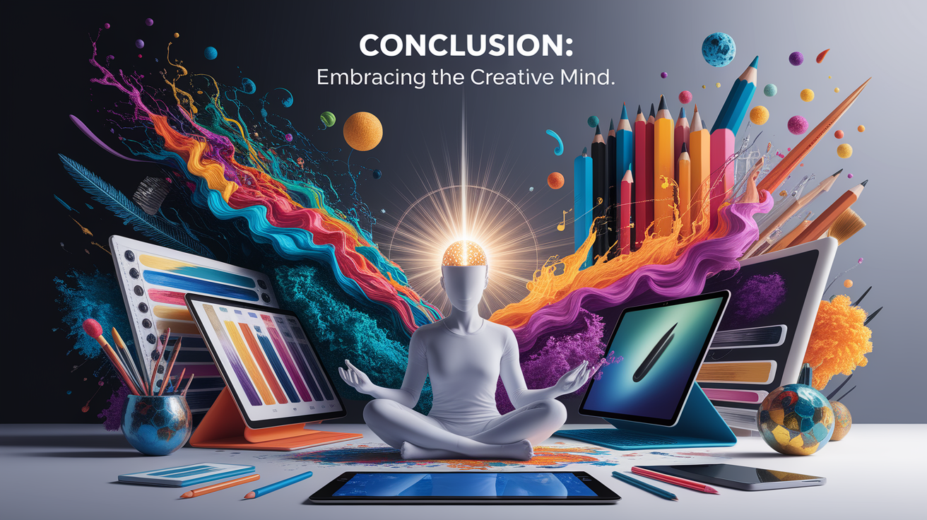 A conceptual illustration representing Conclusion: Embracing the Creative Mind. Visualize the main ideas: . Creative but clear representation of the concept. Style: photorealistic. high quality, detailed, professional, clean composition, good lighting, sharp focus, well-composed. high quality, professional, detailed, well-composed