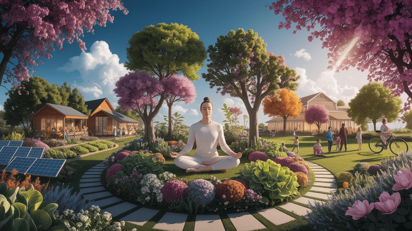 A conceptual illustration representing Sustainable Lifestyles and Mental Health. Visualize the main ideas: . Creative but clear representation of the concept. Style: photorealistic. high quality, detailed, professional, clean composition, good lighting, sharp focus, well-composed. high quality, professional, detailed, well-composed
