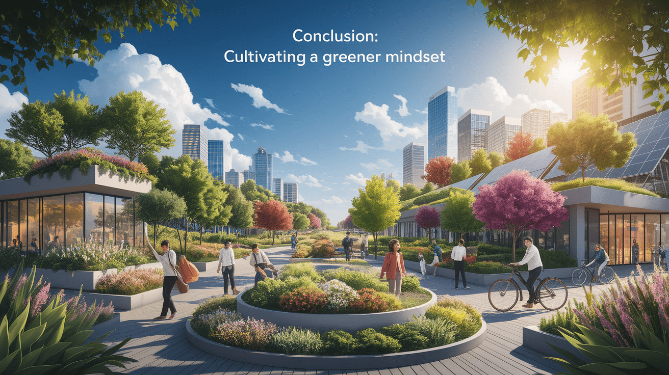 A conceptual illustration representing Conclusion: Cultivating a Greener Mindset. Visualize the main ideas: . Creative but clear representation of the concept. Style: photorealistic. high quality, detailed, professional, clean composition, good lighting, sharp focus, well-composed. high quality, professional, detailed, well-composed