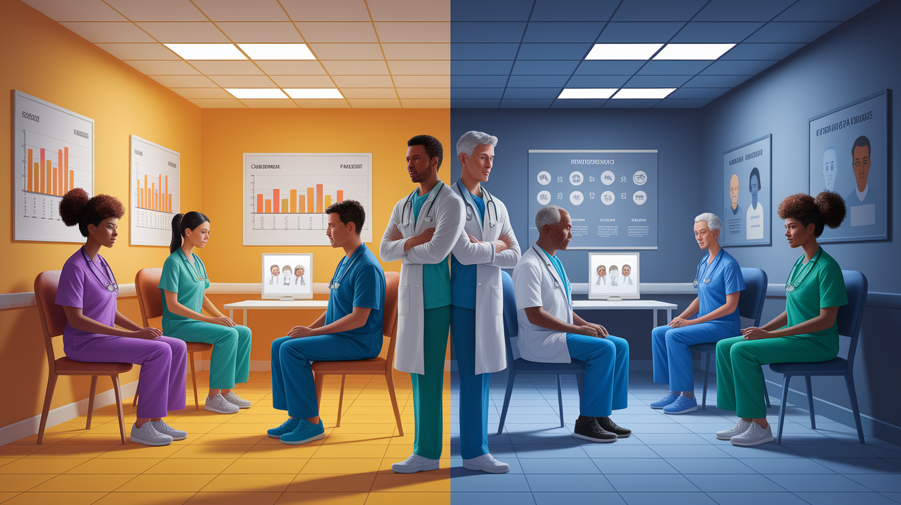 A conceptual illustration representing Diagnostic Disparities and Cultural Bias. Visualize the main ideas: . Creative but clear representation of the concept. Style: photorealistic. high quality, detailed, professional, clean composition, good lighting, sharp focus, well-composed. high quality, professional, detailed, well-composed