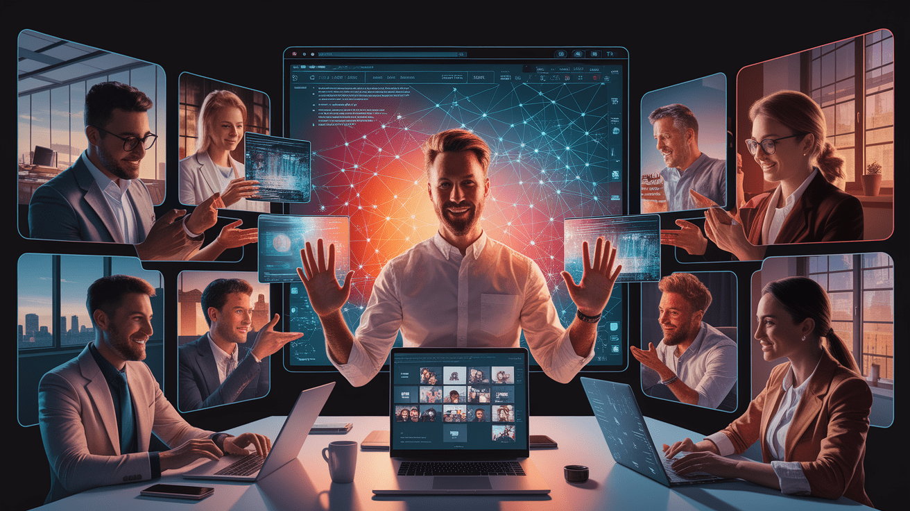 A conceptual illustration representing Leadership and Empowerment in Virtual Teams. Visualize the main ideas: . Creative but clear representation of the concept. Style: photorealistic. high quality, detailed, professional, clean composition, good lighting, sharp focus, well-composed. high quality, professional, detailed, well-composed