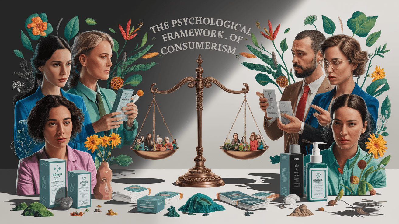 A conceptual illustration representing The Psychological Framework of Ethical Consumerism. Visualize the main ideas: . Creative but clear representation of the concept. Style: photorealistic. high quality, detailed, professional, clean composition, good lighting, sharp focus, well-composed. high quality, professional, detailed, well-composed