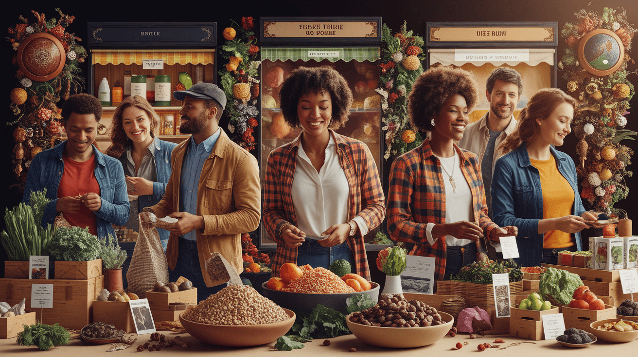 A conceptual illustration representing Social and Cultural Influences on Ethical Consumerism. Visualize the main ideas: . Creative but clear representation of the concept. Style: photorealistic. high quality, detailed, professional, clean composition, good lighting, sharp focus, well-composed. high quality, professional, detailed, well-composed