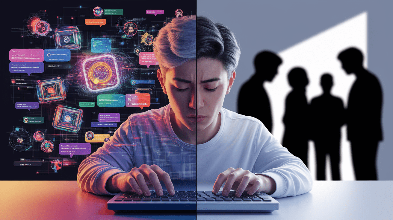 A conceptual illustration representing Behind the Screen: The Online Disinhibition Effect. Visualize the main ideas: . Creative but clear representation of the concept. Style: photorealistic. high quality, detailed, professional, clean composition, good lighting, sharp focus, well-composed. high quality, professional, detailed, well-composed