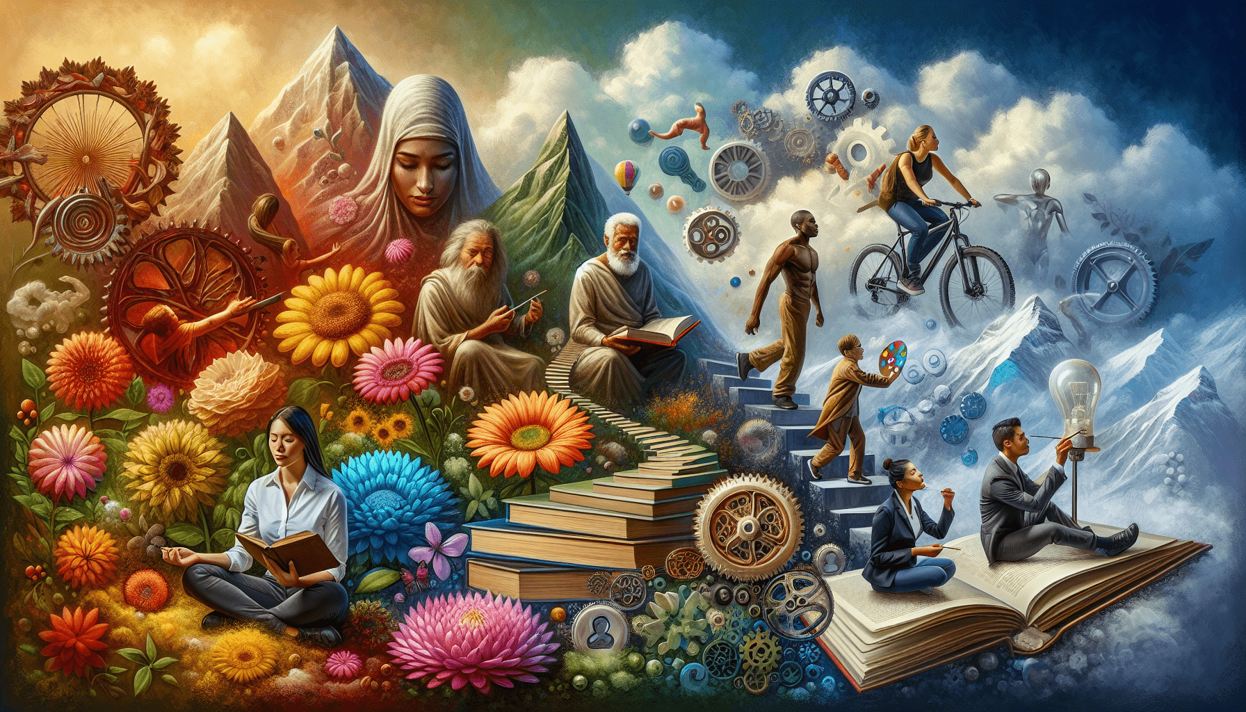 A conceptual illustration representing Mechanisms of Personal Growth. Visualize the main ideas: . Creative but clear representation of the concept. Style: photorealistic. high quality, detailed, professional, clean composition, good lighting, sharp focus, well-composed. high quality, professional, detailed, well-composed