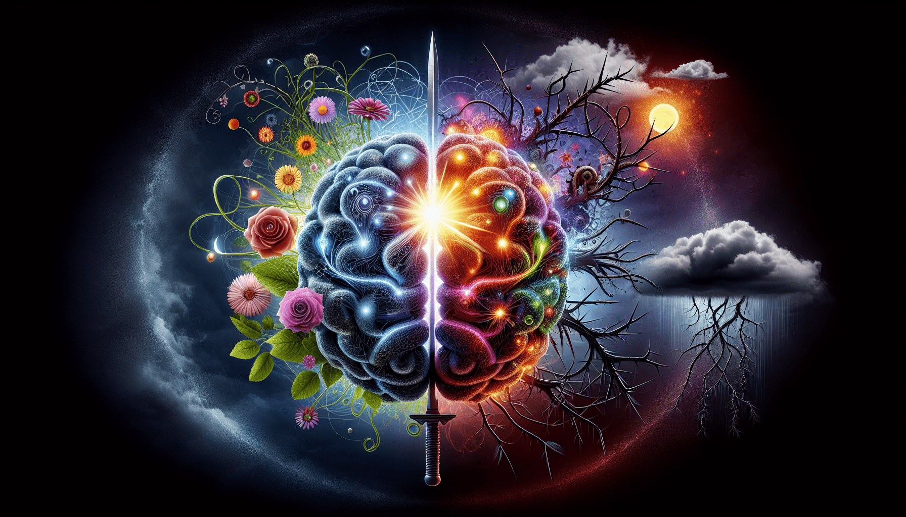 A conceptual illustration representing Cognitive Development - A Double-Edged Sword. Visualize the main ideas: . Creative but clear representation of the concept. Style: photorealistic. high quality, detailed, professional, clean composition, good lighting, sharp focus, well-composed. high quality, professional, detailed, well-composed