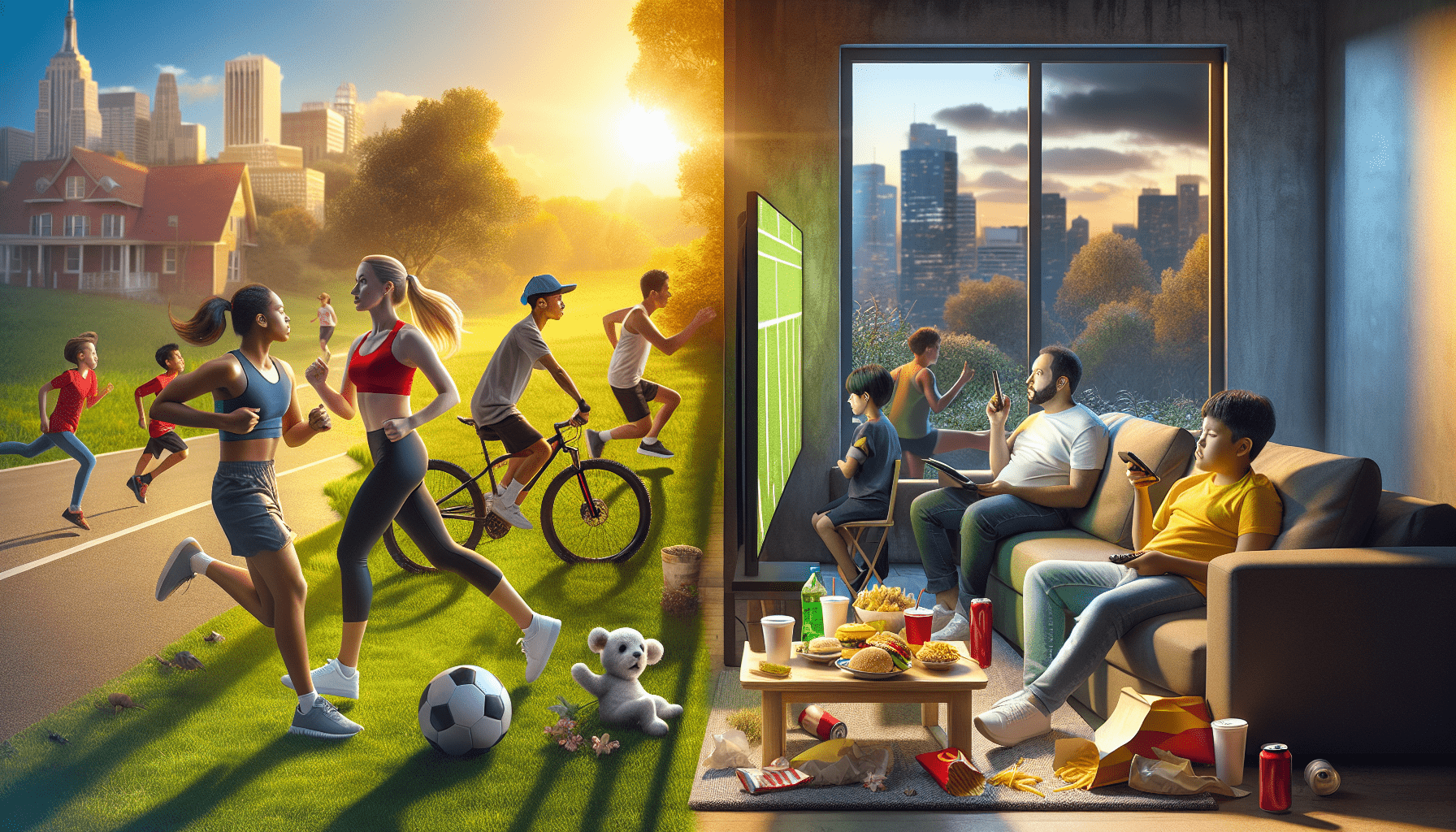 A conceptual illustration representing Physical Development - The Sedentary Challenge. Visualize the main ideas: . Creative but clear representation of the concept. Style: photorealistic. high quality, detailed, professional, clean composition, good lighting, sharp focus, well-composed. high quality, professional, detailed, well-composed