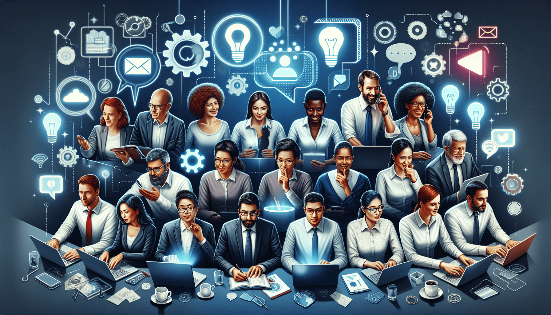 A conceptual illustration representing Enhancing Your Digital Communication Skills. Visualize the main ideas: . Creative but clear representation of the concept. Style: photorealistic. high quality, detailed, professional, clean composition, good lighting, sharp focus, well-composed. high quality, professional, detailed, well-composed