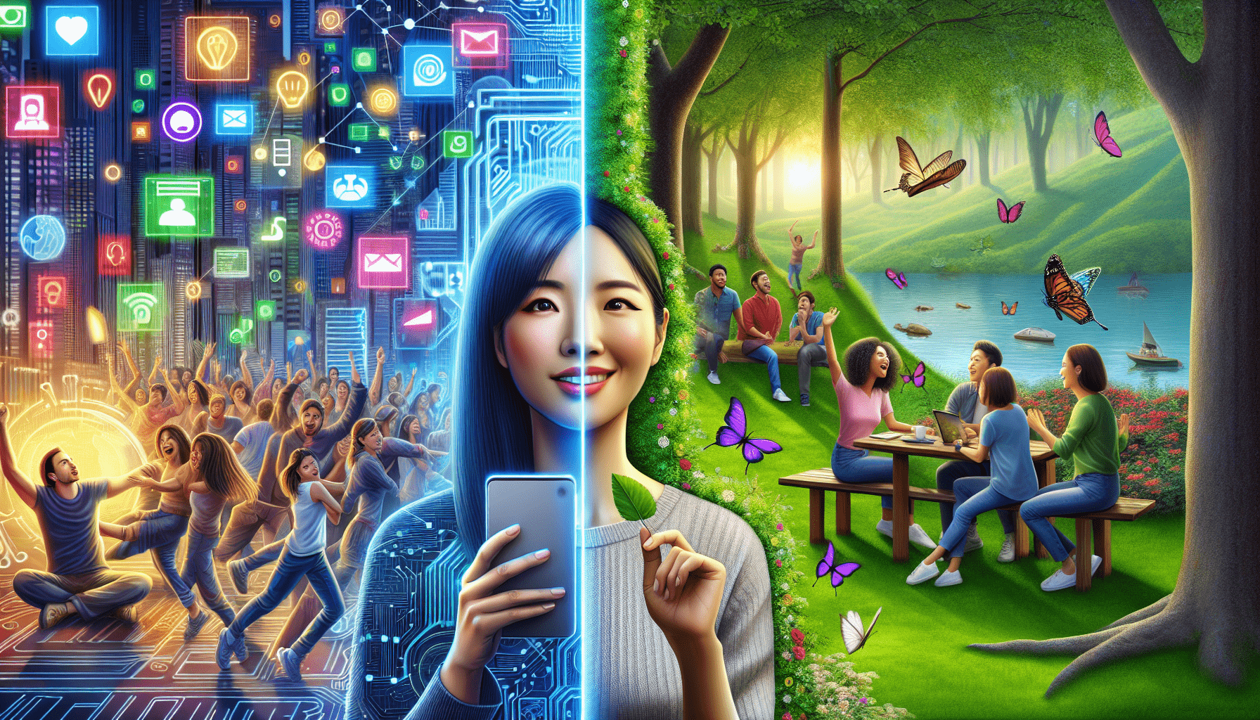 A conceptual illustration representing Balancing Digital and Real-Life Interactions. Visualize the main ideas: . Creative but clear representation of the concept. Style: photorealistic. high quality, detailed, professional, clean composition, good lighting, sharp focus, well-composed. high quality, professional, detailed, well-composed