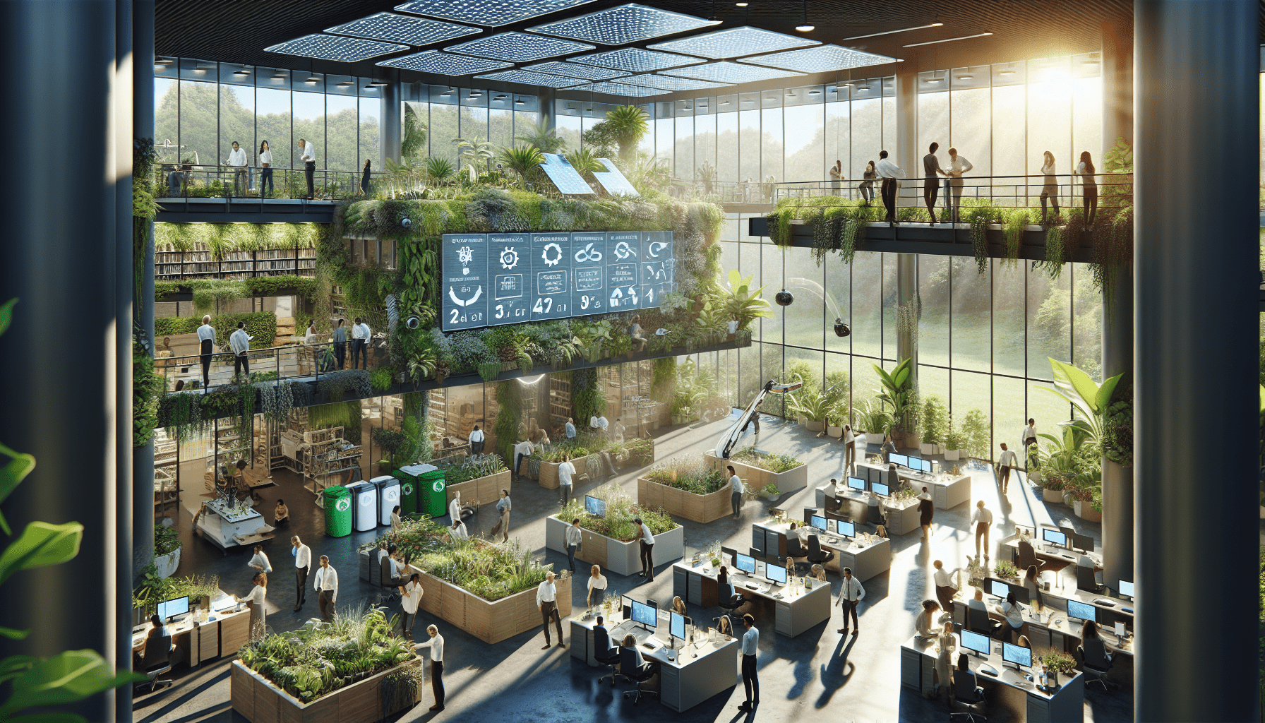 A conceptual illustration representing Strategies for Organizations to Foster Eco-Friendly Practices. Visualize the main ideas: . Creative but clear representation of the concept. Style: photorealistic. high quality, detailed, professional, clean composition, good lighting, sharp focus, well-composed. high quality, professional, detailed, well-composed